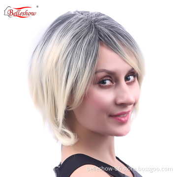 Hot sell mid-divide-slope black gradient beige short head set synthetic short hair wig  high quality wig